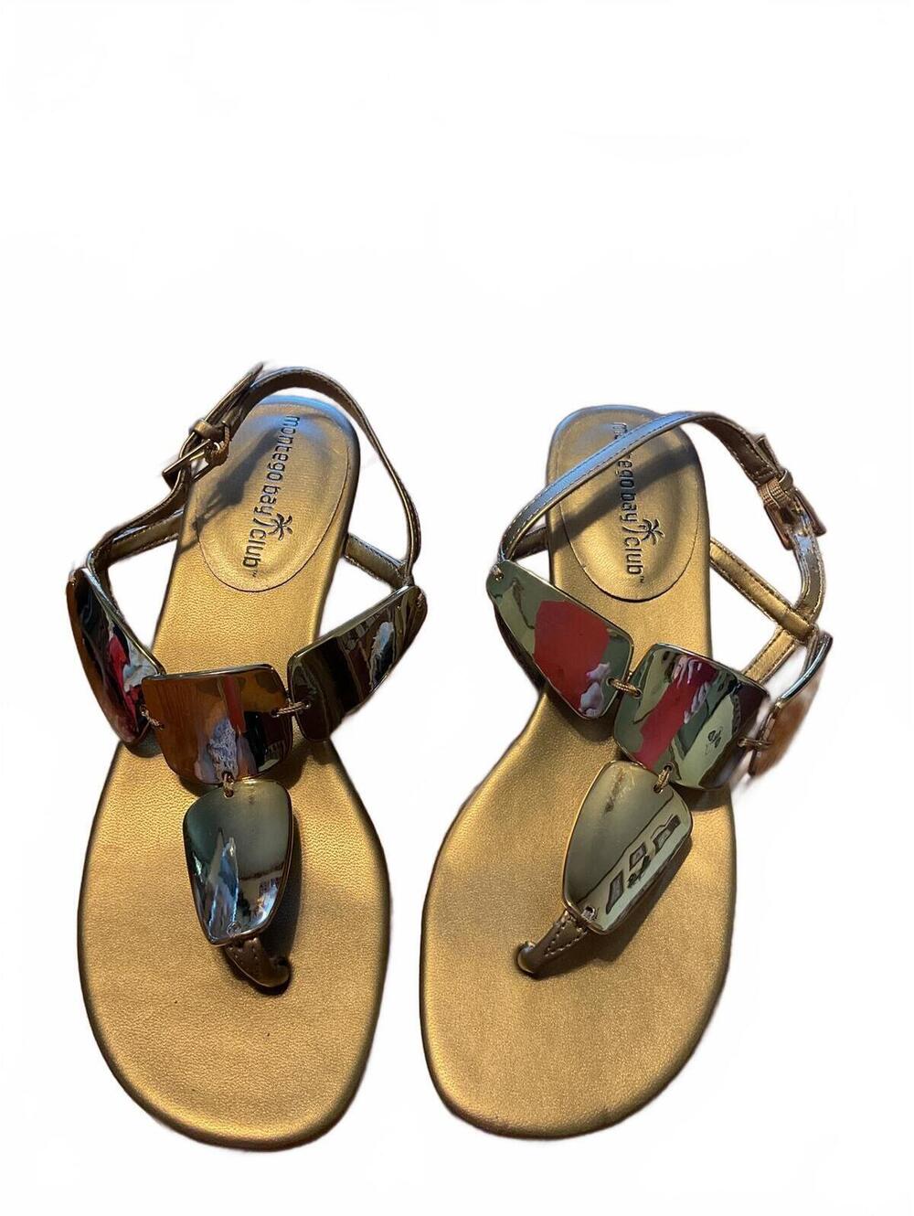 Faux leather thong sandals, Montego Bay Club, gold metallic wedge, Size 5